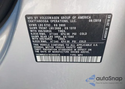2019 Volkswagen Atlas 3.6L V6 Se W/Technology z USA, uszkodzony, nr VIN 1V2WR2CA1KC502015